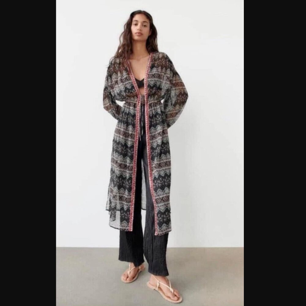 Zara Embroidered Sheer Boho Kaftan Robe - S